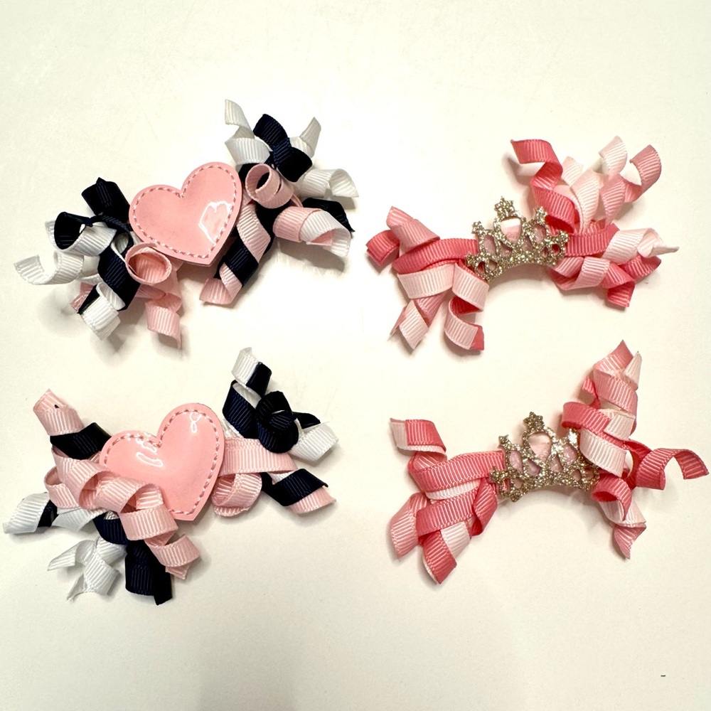 Bundle of 2 Pairs of Pink and Navy Kids Hair Bow Clips with Crowns and Hearts